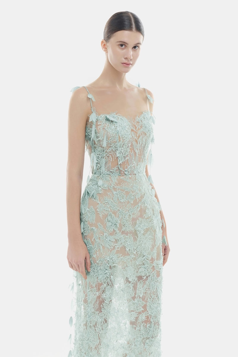 Baby blue beaded lace pencil gown by Montsand, showcasing intricate beadwork and elegant lace fabric for formal occasions.