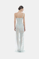 Baby blue Mara dress by Montsand, a soft gown for newborns, featuring delicate fabric and cozy design.