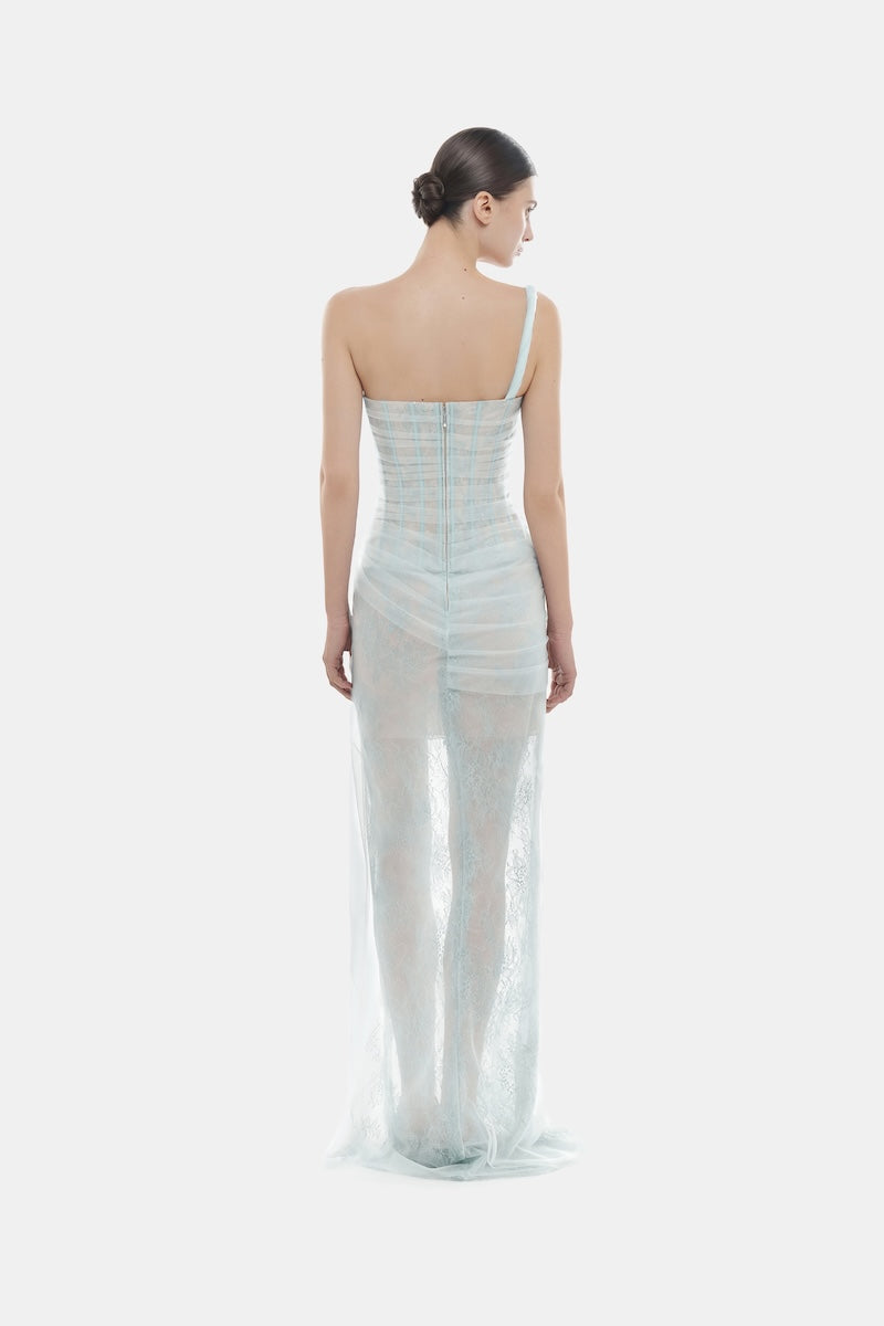 Baby blue Mara dress by Montsand, a soft gown for newborns, featuring delicate fabric and cozy design.