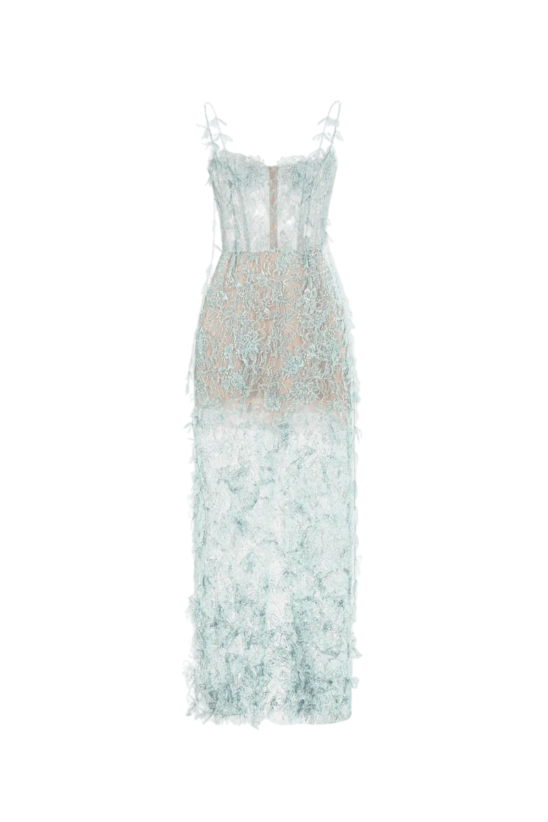 فستان قلم رصاص من الدانتيل باللون الأزرق الفاتح