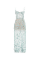 Baby blue beaded lace pencil gown by Montsand, featuring delicate beadwork and elegant lace fabric, perfect for formal occasions.