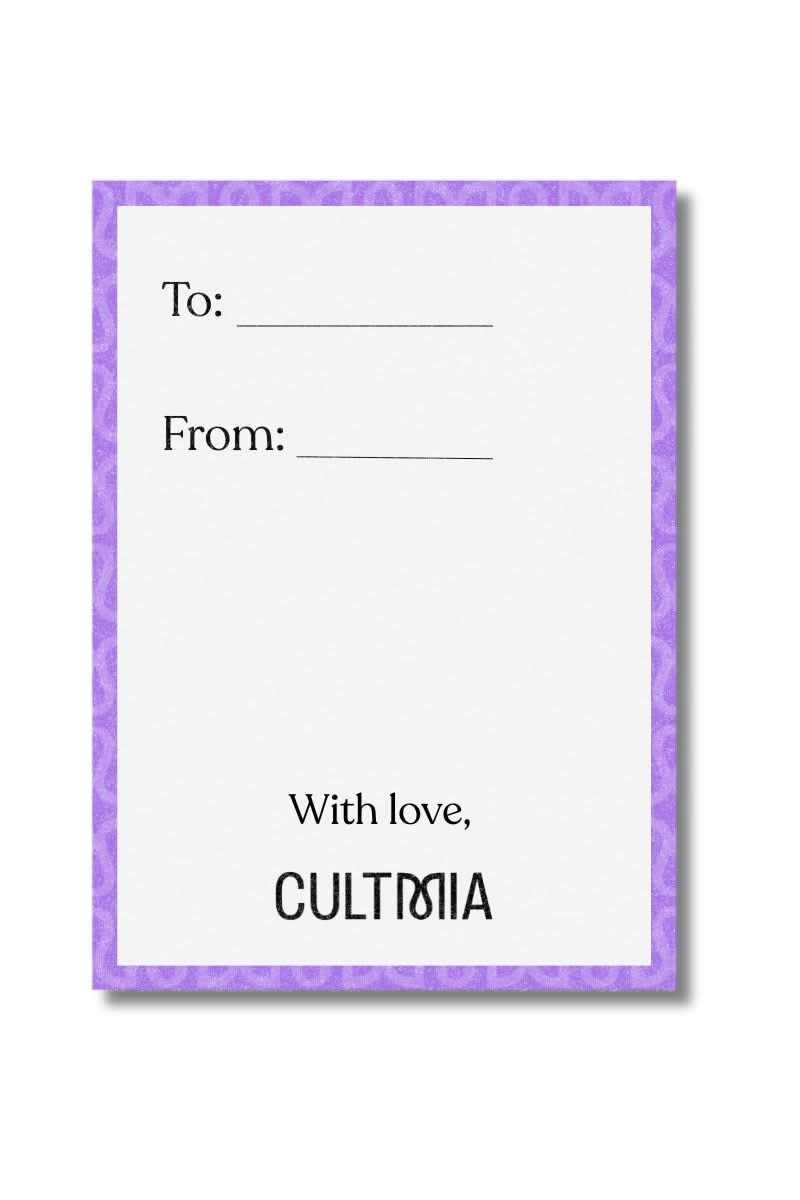 Back side of CULT MIA gift card featuring branding and space for recipient's name and personal message.