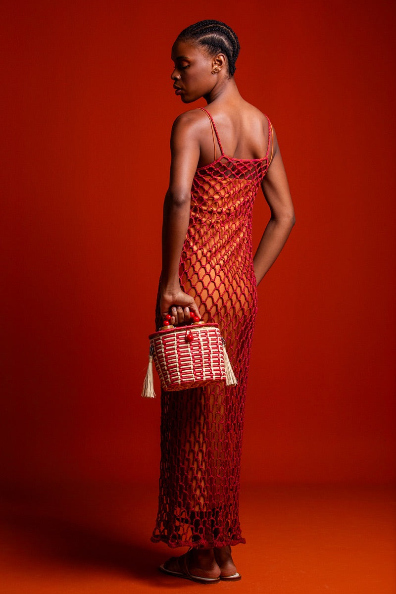 Red Catarina Mina Jirau basket tote with top handle, stylish and spacious for everyday use.