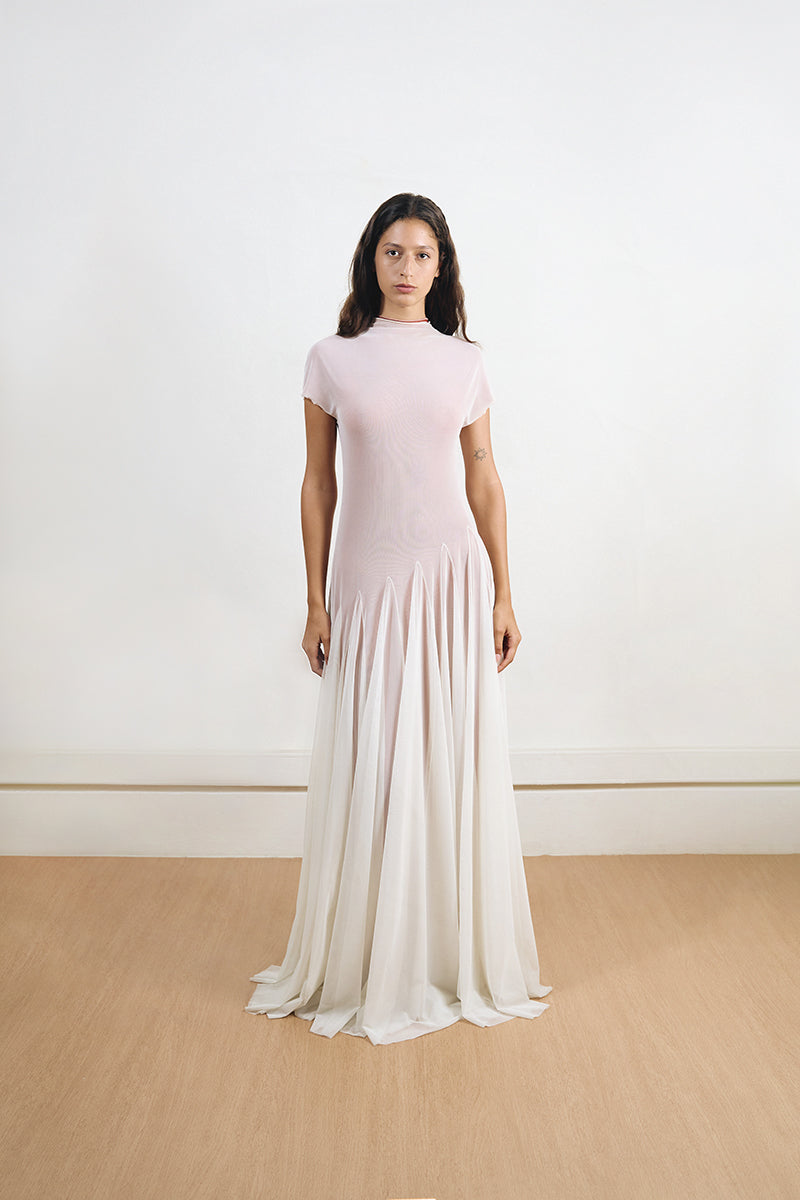 White and orange Baklava dress by YASSMIN SALEH, a stylish maxi dress with intricate design, shown from the front.
