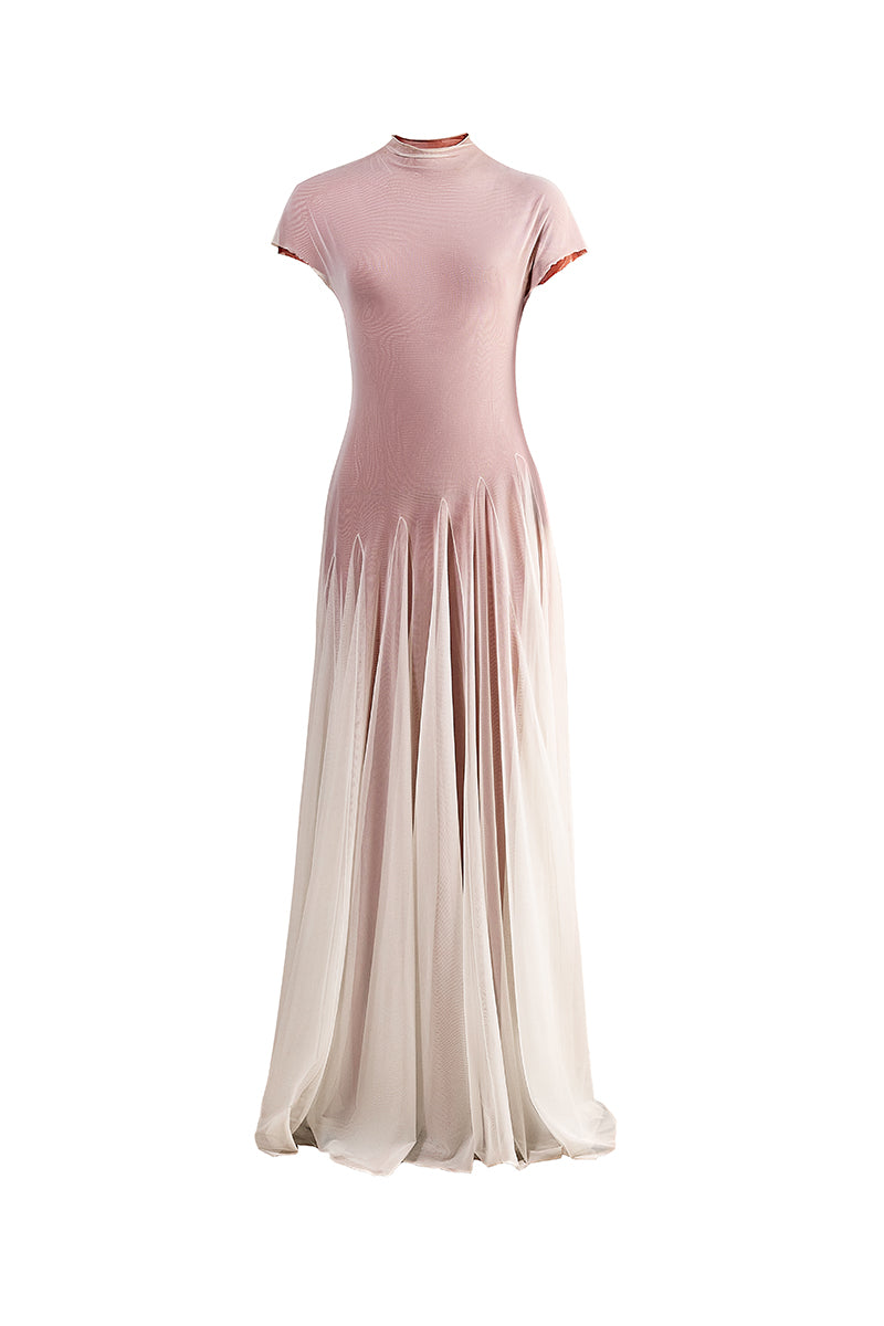 White and orange baklava-inspired maxi dress by YASSMIN SALEH, featuring flowing fabric and intricate design details.