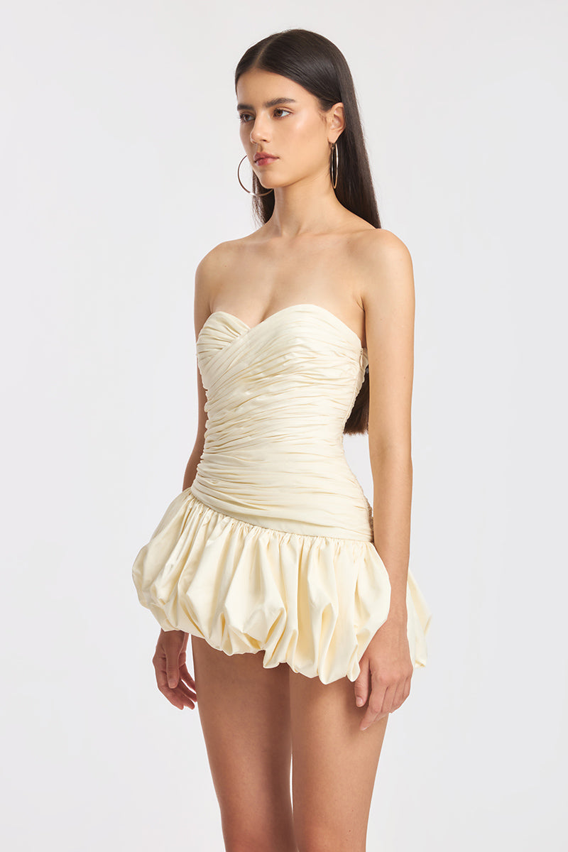 BALLOON DRAPED MINI DRESS IN IVORY WHITE - CULT MIA