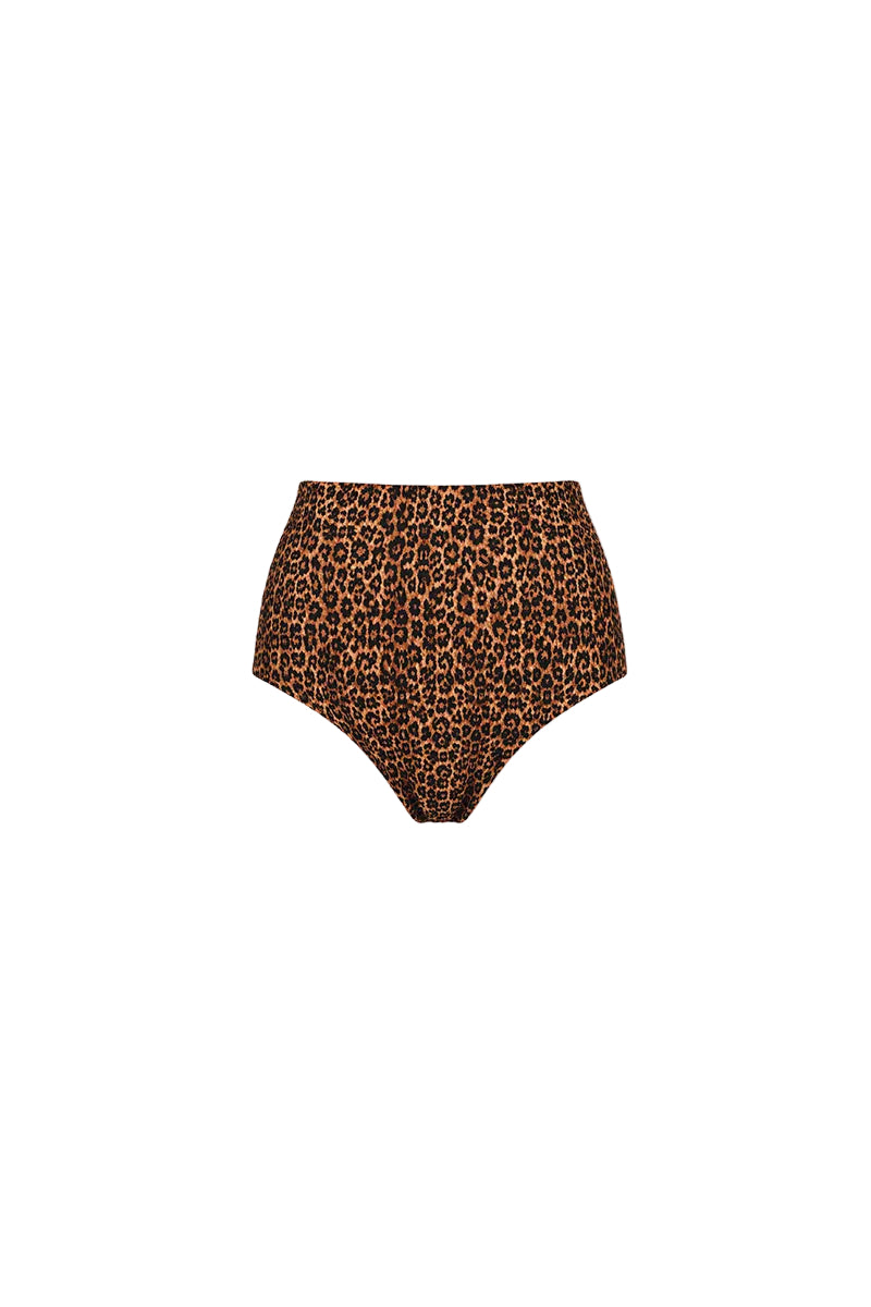 Verdelimon Bauta bikini bottom in leopard print with adjustable side ties, shown from the front.
