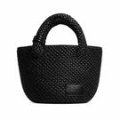 Black raffia top handle bag from Folkore The Label featuring a woven, textured basked design.