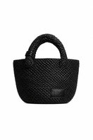 Black raffia top handle bag from Folkore The Label featuring a woven, textured basked design.