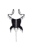 Black beaded fringe tweed corset top by Tayfun Kaba featuring intricate beadwork and stylish fringe details.