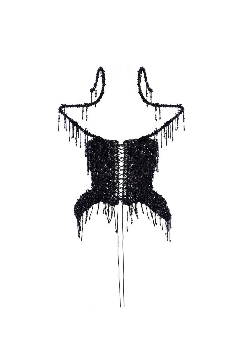 Black beaded fringe tweed corset top by Tayfun Kaba featuring intricate beadwork and stylish fringe details.