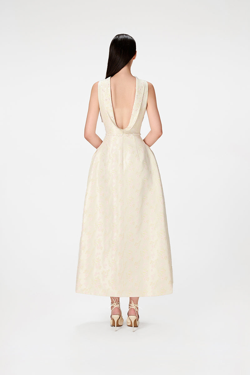 BEADED BROCADE COWL NECK LONG - CULT MIA