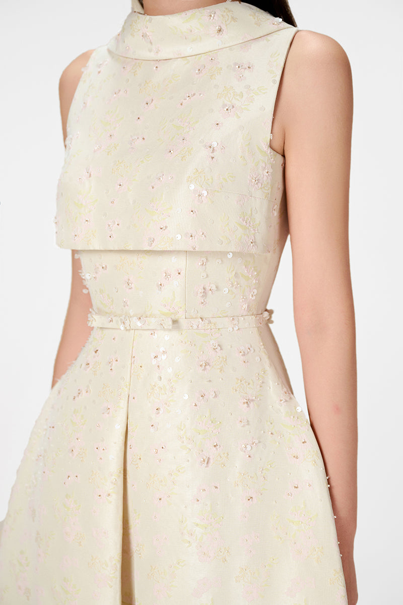 BEADED BROCADE COWL NECK LONG - CULT MIA
