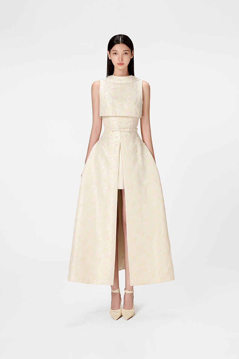 BEADED BROCADE COWL NECK LONG - CULT MIA