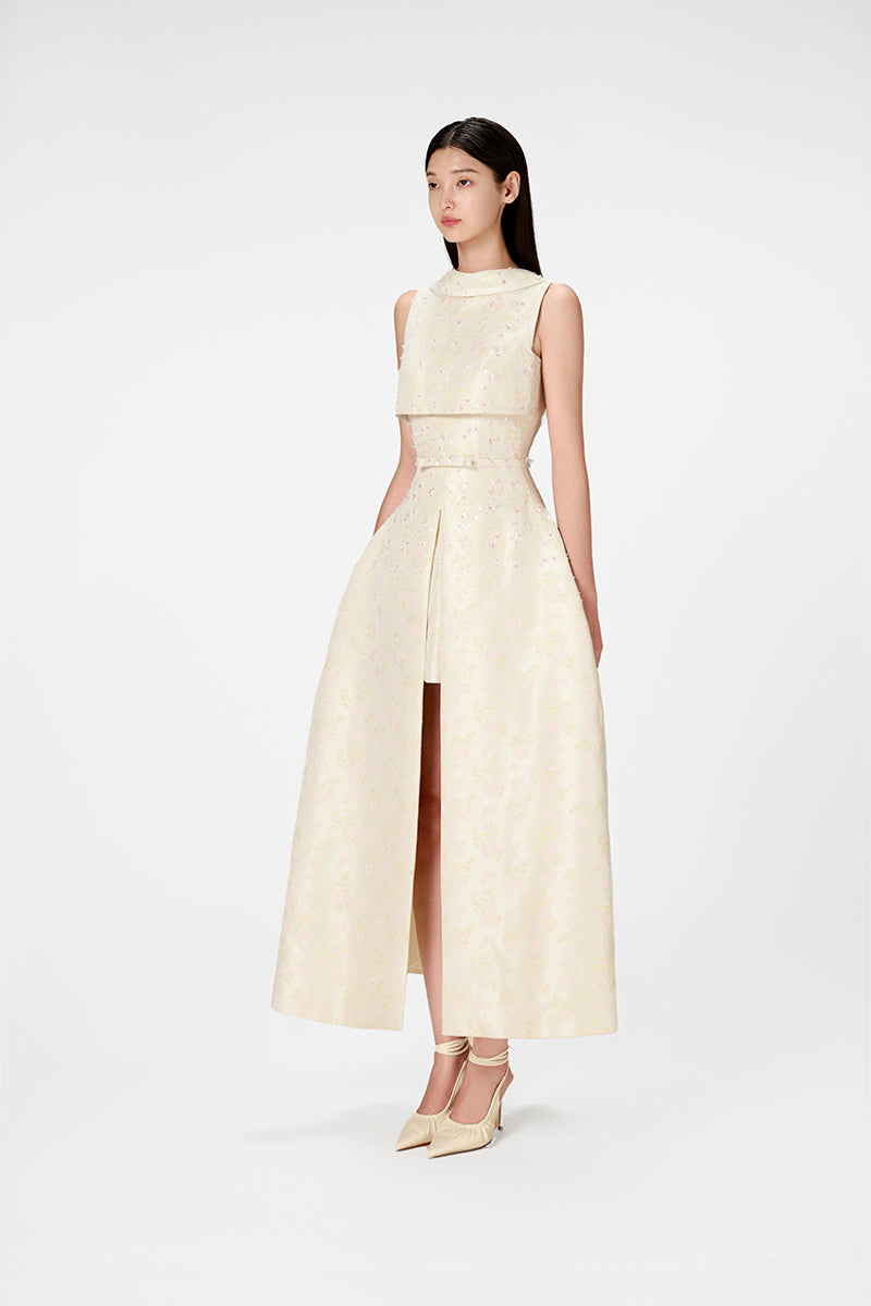 BEADED BROCADE COWL NECK LONG - CULT MIA