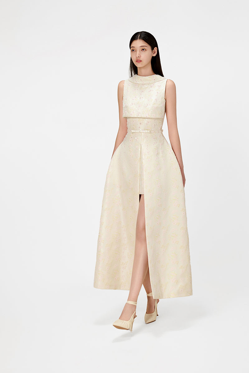 BEADED BROCADE COWL NECK LONG - CULT MIA