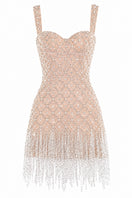 Beaded fringe mini dress by Monika Dimova, featuring intricate beadwork and stylish fringe details perfect for evening wear.