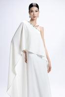 Valenciani beaded neckline asymmetrical cape gown, elegant maxi dress with intricate beadwork and flowing fabric design.