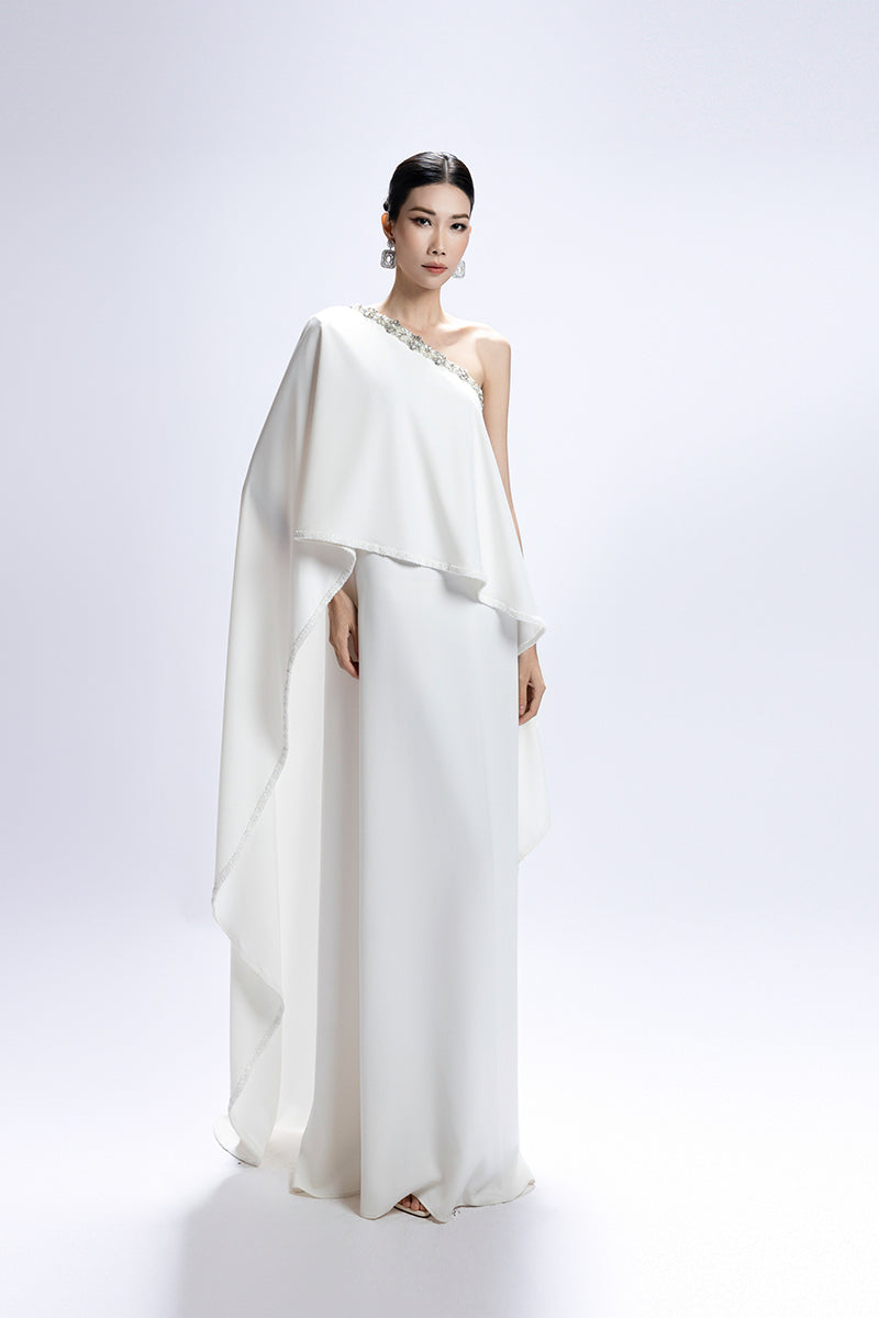 BEADED NECKLINE ASYMMETRICAL CAPE GOWN
