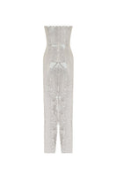 Elegant LOREN GLAM SEQUIN GOWN by Gigii's featuring shimmering sequins and a flowing silhouette, worn by a model on the runway.