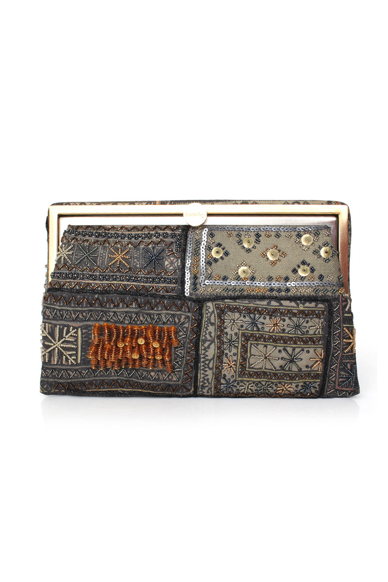 Sarah's Bag Bedouin Metallic Grace clutch with metallic finish, featuring elegant design and compact style for evening occasions.