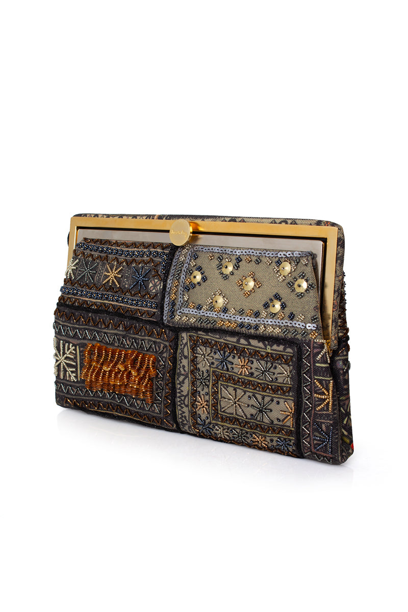 Sarah's Bag Bedouin Metallic Grace clutch with metallic finish, featuring elegant design and compact size for evening occasions.