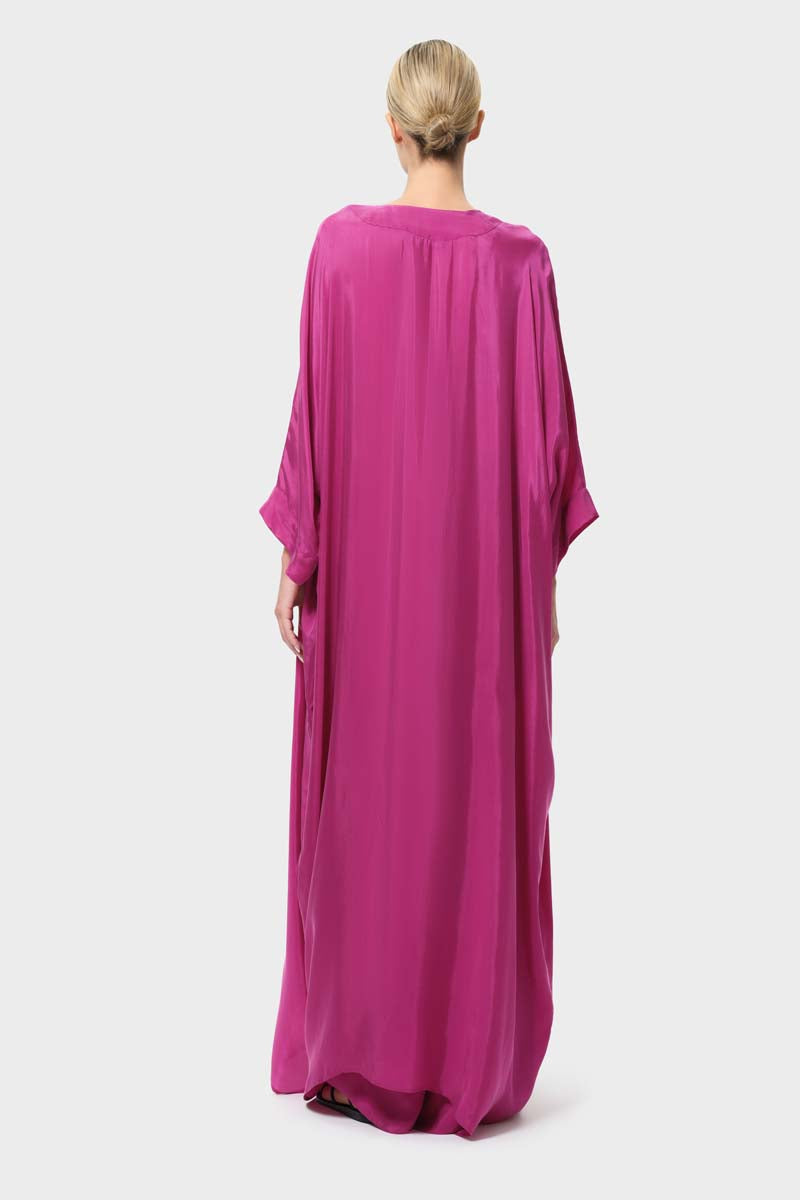 niLuu Begonvil Kaftan robe shown from the back, featuring lightweight fabric and elegant floral design.
