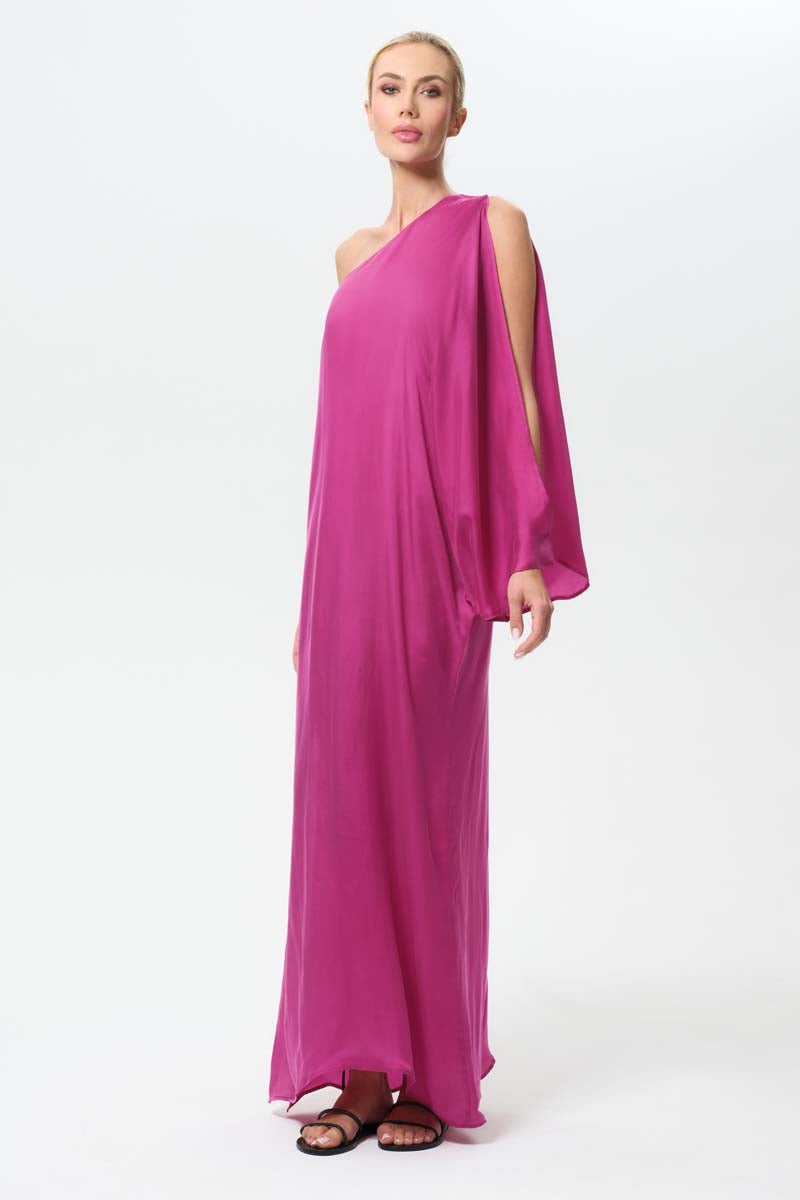 one shoulder maxi summer dress Aguaclara FUCHSIA ONE-SHOULDER MAXI DRESS