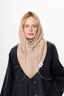 Beige LE SH KA balaclava hat worn over the head, made of soft fabric, designed for warmth and full face coverage.