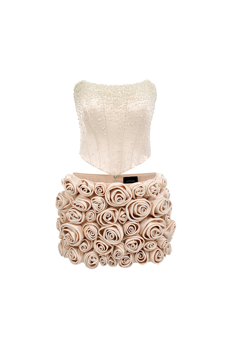 Beige I.H.F Studio co-ord set featuring an embroidered corset top and matching skirt with crystal embellishments.
