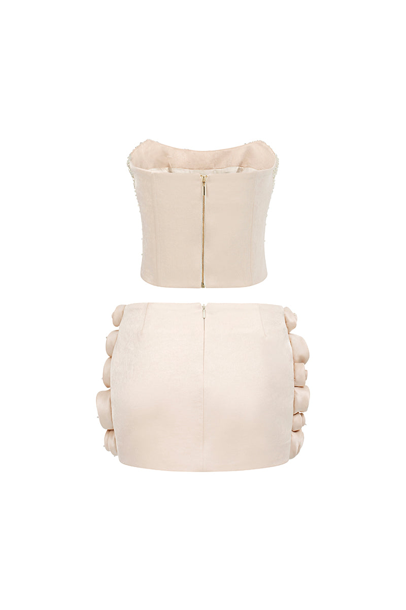 Beige embroidered corset top and co-ord skirt set by I.H.F Studio with crystal embellishments, styled for a chic look.