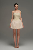 Beige beaded bustier mini dress with crystal embellishments and bell silhouette by I.H.F Studio.