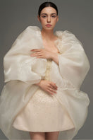 Beige beaded mini bustier dress with crystal embellishments and bell silhouette by I.H.F Studio.