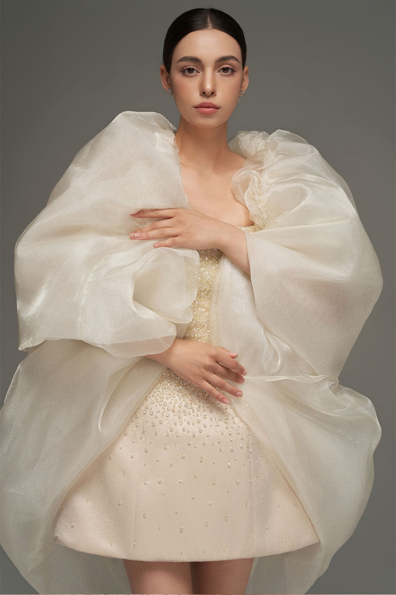 Beige beaded mini bustier dress with crystal embellishments and bell silhouette by I.H.F Studio.