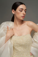 Beige beaded mini dress with crystal embellishments and bell silhouette from I.H.F Studio, stylish bustier design.