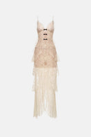 Beige floral bow V-neck maxi dress by Montsand, featuring a flowing silhouette and elegant floral pattern.