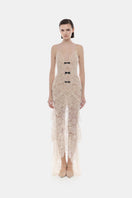Beige floral bow V-neck maxi dress by Montsand, featuring a flowy silhouette and elegant floral pattern.