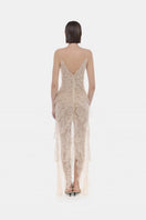 Beige floral bow V-neck maxi dress by Montsand, featuring a flowing silhouette and elegant design, perfect for summer occasions.