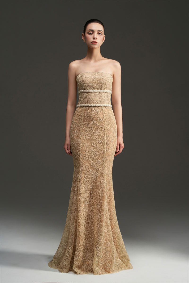 I.H.F Studio FLORAL MESH LACE AND CHIFFON DRESS IN GOLD | Cult Mia I.H.F Studio FLORAL MESH LACE AND CHIFFON DRESS IN GOLD | Cult Mia