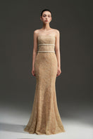 Beige floral mesh lace strapless mermaid gown by I.H.F Studio featuring gold chiffon accents and intricate lace detailing.