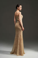 Beige floral mesh lace strapless mermaid gown by I.H.F Studio featuring chiffon fabric and intricate floral detailing.
