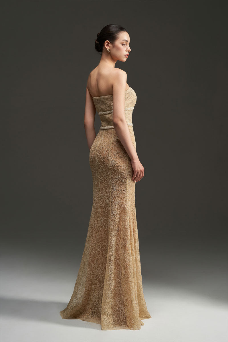 Beige floral mesh lace strapless mermaid gown by I.H.F Studio featuring chiffon fabric and intricate floral detailing.