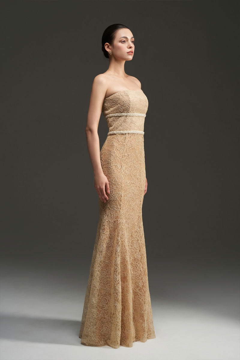Beige floral mesh lace strapless mermaid gown by I.H.F Studio with chiffon fabric and intricate gold floral details.