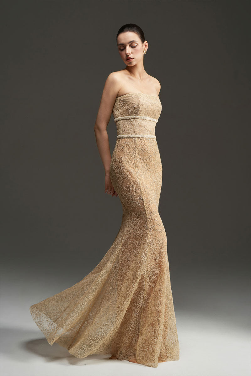 Beige floral mesh lace and chiffon strapless mermaid gown by I.H.F Studio, showcasing intricate lace details and elegant flowing fabric.
