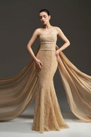 Beige floral mesh lace and chiffon strapless mermaid gown by I.H.F Studio, featuring intricate lace details and a fitted silhouette.