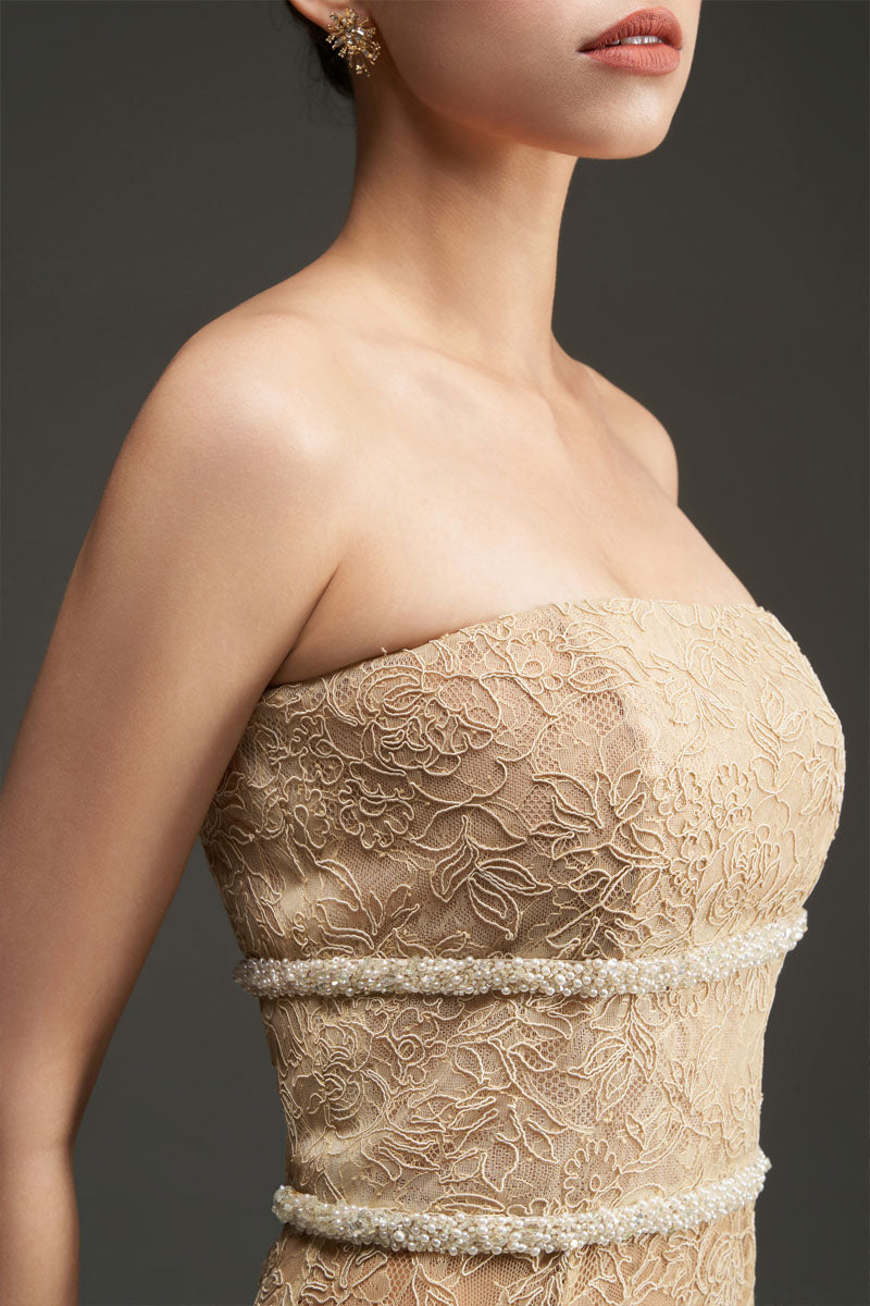 I.H.F Studio FLORAL MESH LACE AND CHIFFON DRESS IN GOLD | Cult Mia I.H.F Studio FLORAL MESH LACE AND CHIFFON DRESS IN GOLD | Cult Mia