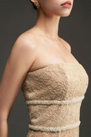 Beige floral mesh lace strapless mermaid gown by I.H.F Studio featuring chiffon fabric and intricate lace detailing.