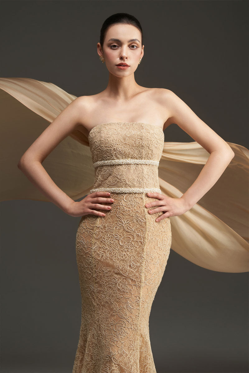 I.H.F Studio FLORAL MESH LACE AND CHIFFON DRESS IN GOLD | Cult Mia I.H.F Studio FLORAL MESH LACE AND CHIFFON DRESS IN GOLD | Cult Mia