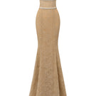 Beige floral mesh lace strapless mermaid gown by I.H.F Studio featuring chiffon fabric and intricate lace details.
