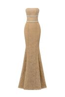 Beige floral mesh lace strapless mermaid gown by I.H.F Studio featuring chiffon fabric and intricate lace details.